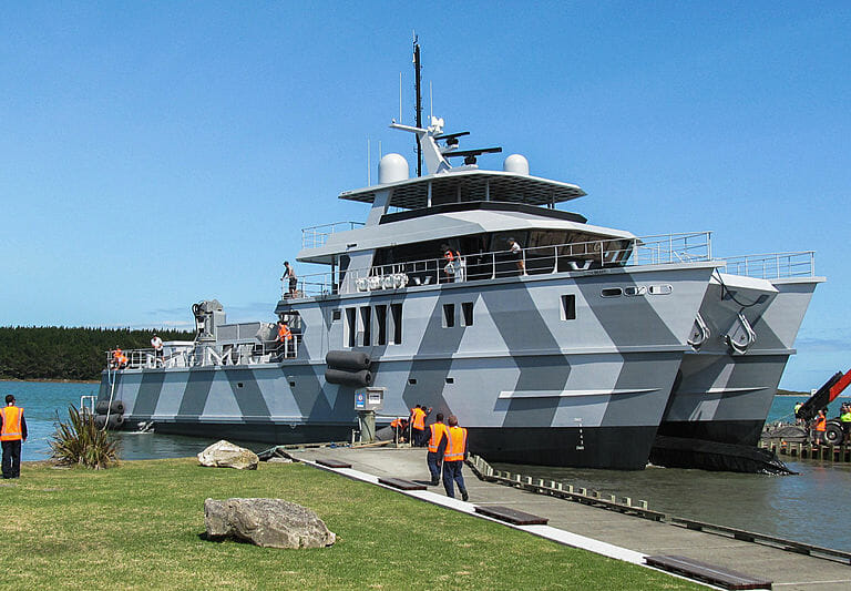 The 39.5 meter tri-deck catamaran The Beast is launched