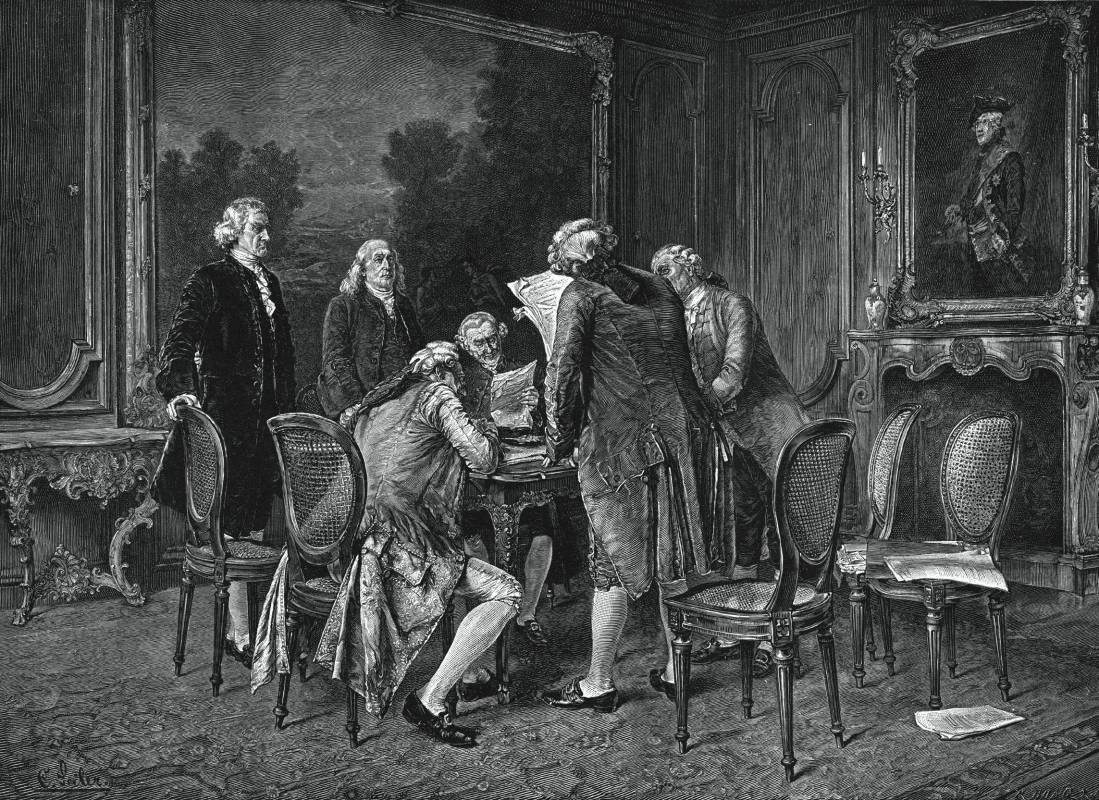 Signing the Preliminary Treaty of Peace at Paris, November 30, 1782. John Jay and Benjamin Franklin standing at the left. @wikipedia.org