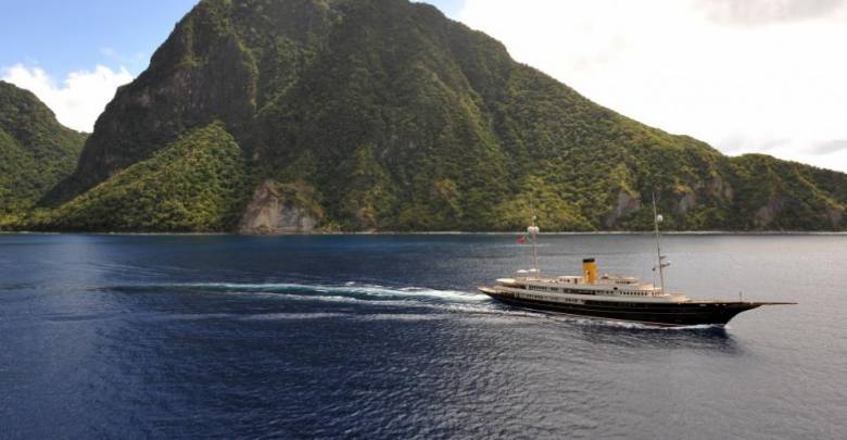 90m Corsair charter superyacht Nero listed to port in dry dock in Genova